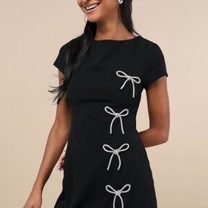 Lulus Endearing Sparkle Black Rhinestone Bow Mini Dress - Size XL
